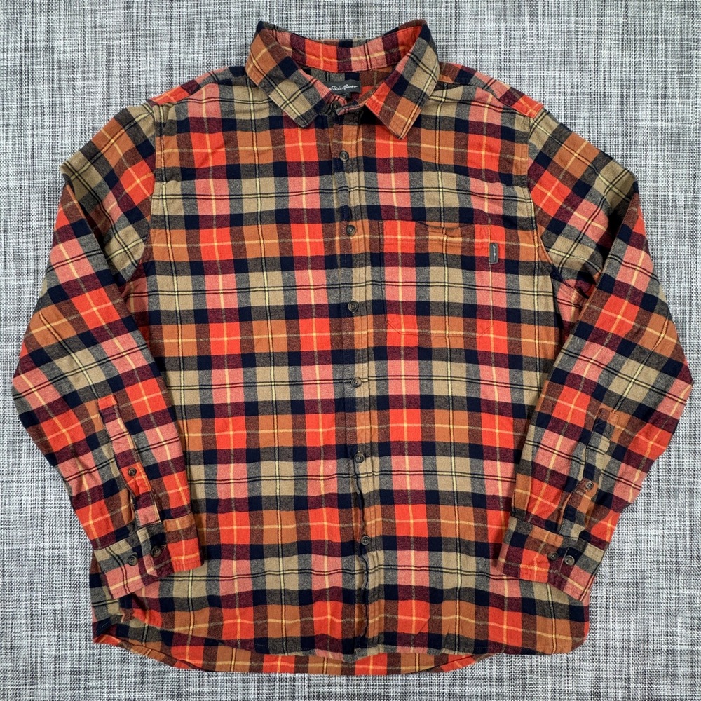 Eddie Bauer Men's Flannel Shirt Orange Plaid Cotton Long Sleeve Outdoor Size XL